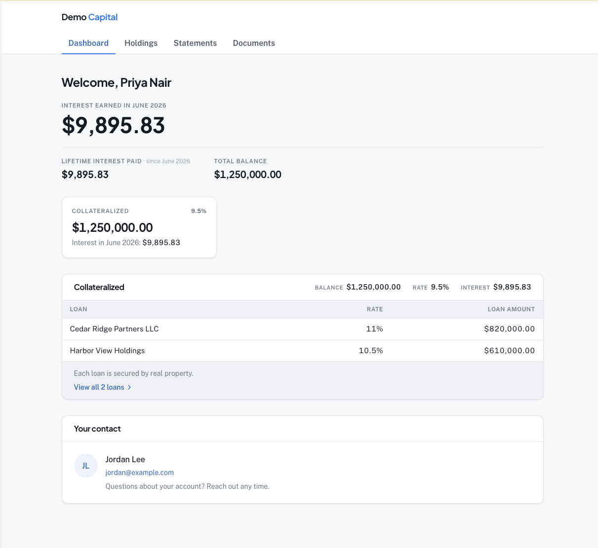 LendingHub investor dashboard under Demo Capital branding, showing illustrative balances, interest, holdings, and contact details with demo data.