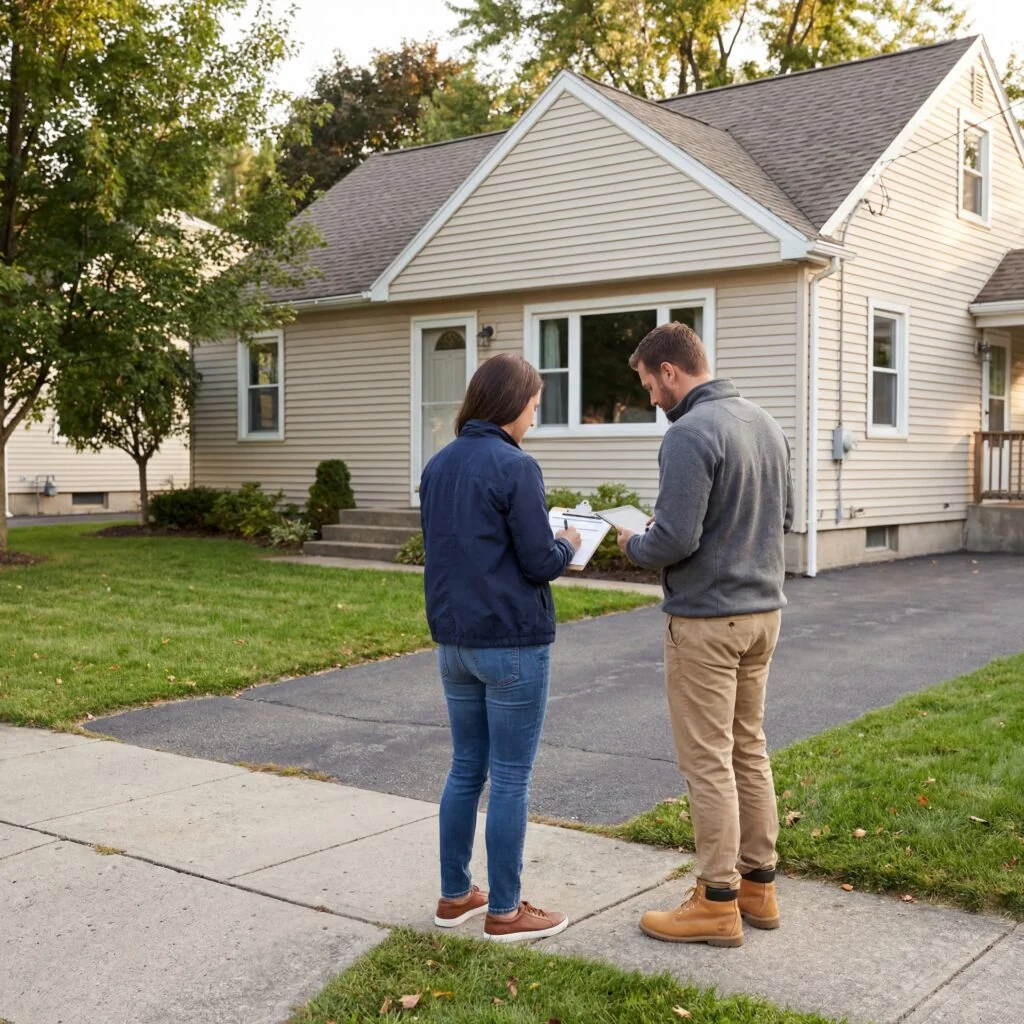 Two people reviewing a property outside a house, from the Mako Loans website.