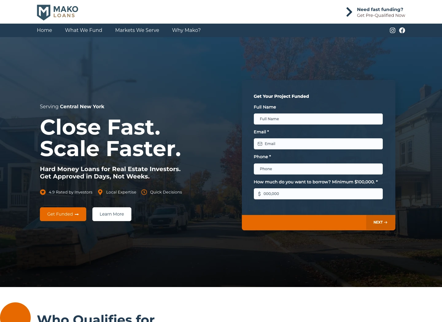 Mako Loans homepage showing its navy and orange identity, lending introduction, and borrower inquiry form.