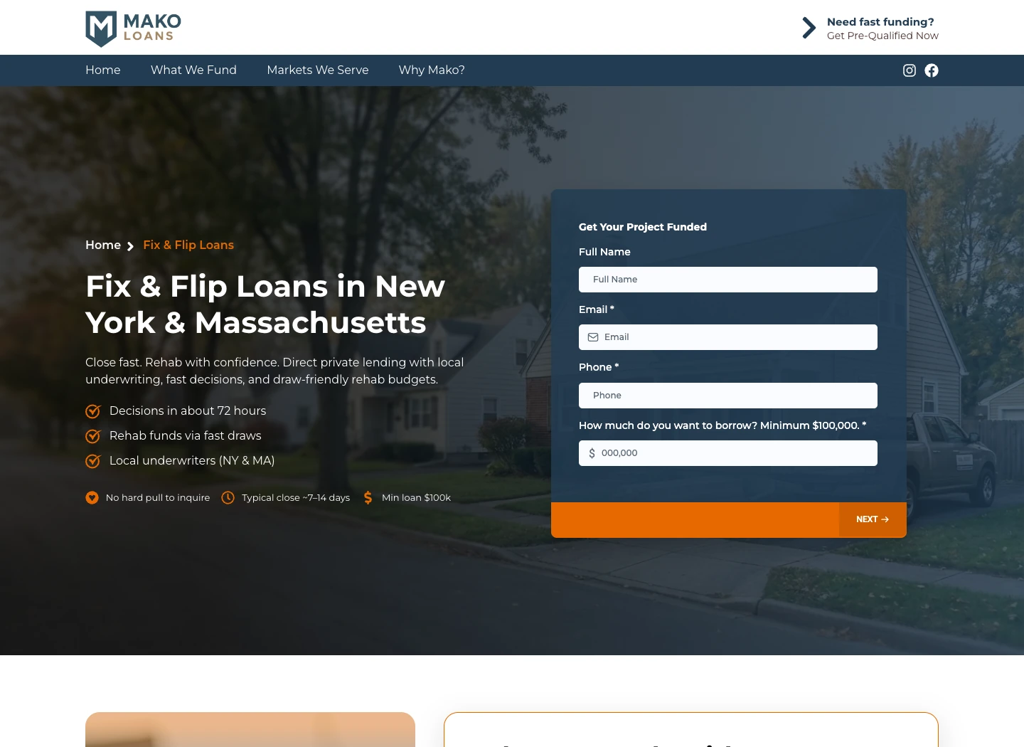 Mako’s dedicated fix and flip loan page, with loan information and a matching borrower intake form.