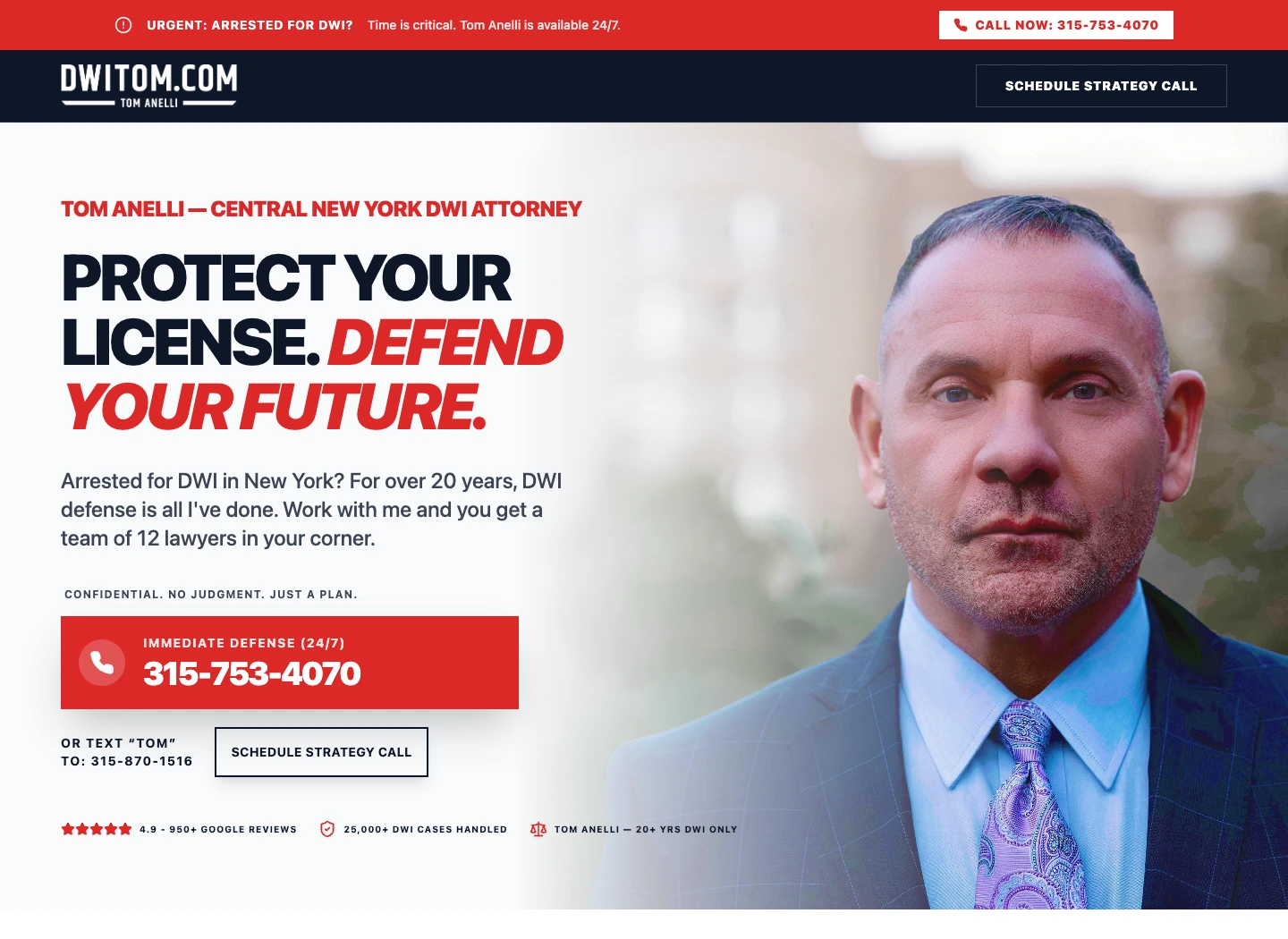 Desktop DWI defense landing page with Tom Anelli’s portrait, case-specific headline, and call and strategy-call options.